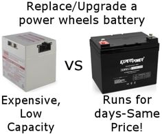 two batteries are shown with the words replace / upgrade a power wheels battery versus expensive, low - days - same price