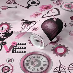 a pink and black wallpaper with various clocks, hearts, and other things on it