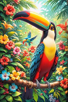 a painting of a toucan on a branch with flowers and birds around it