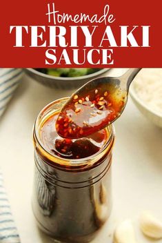 homemade teriyaki sauce in a jar with spoon