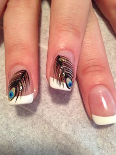 Nail Design With Feathers, Nails Peacock Design, Feather Nails Art, Nail Feather Design, Hindu Nails Design, Peacock Feather Nail Design, Lohri Special Nail Art, Peacock Nail Designs Feathers, Feathers Nail Art