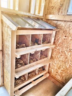 a wooden shelf filled with lots of birds