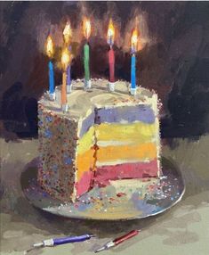 a painting of a slice of cake with lit candles on it and two crayons next to it