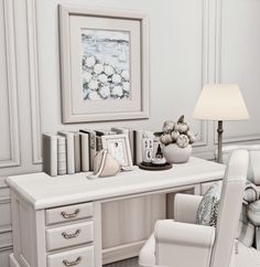 a white desk topped with lots of books next to a chair