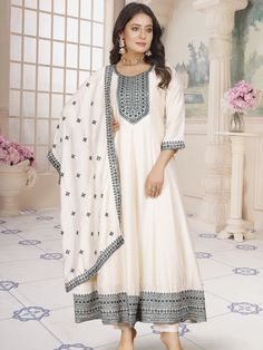 Rashi Silk Embroidered Work Flair Suit Premium quality silk fabric. Enhanced with tiki & thread embroidery work. Paired with dupatta, pants. Sleeves attached as per image. Experience elegance and luxury with the Rashi Flair Suit. Made with high-quality Rashi silk, this suit features intricate embroidered work, adding a touch of sophistication to your wardrobe. Thread Embroidery, Churidar, Embroidery Work, Embroidered Silk, Silk Fabric, Premium Quality, Thread, Silk, Embroidery