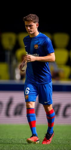 a soccer player is standing on the field