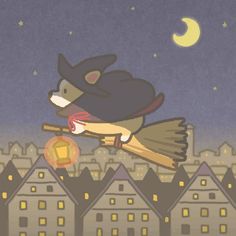 a cartoon bird flying over a city at night with the moon in the sky behind it