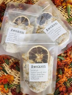 Our Awaken botanical bath salts are the perfect way to invigorate your senses and indulge in a luxurious bath experience. Made with all natural ingredients, these bath salts combine the power of epsom salt, oatmeal, lemongrass, calendula flowers, and orange peel to create a truly revitalizing soak. The citrus-infused lemongrass and uplifting scent of orange peel deliver a refreshing burst of energy while the delicate floral notes from the calendula flowers add a touch of tranquility to your bathing ritual. Not only do these bath salts offer a blissful aromatherapy experience, but they also provide numerous benefits for your skin and body. Epsom salt helps to relax muscles and improve circulation, while oatmeal soothes and nourishes dry, irritated skin. Presented in a beautifully packaged i Bath Salts Packaging Ideas, Diy Bath Salts With Essential Oils, Diy Bath Salts, Bath Gifts, Floral Bath Salts, Citrus Bath, Bath Benefits, Bath Salts Gift, Bath Salts Recipe