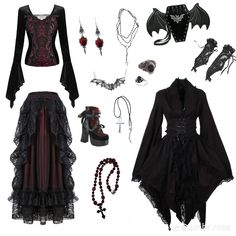 Gothic Red Outfit, Vampire Goth Clothes, Gothic Witch Outfits, Vampire Goth Outfits, Red Goth Aesthetic, Trad Goth Outfits, Vampire Gothic