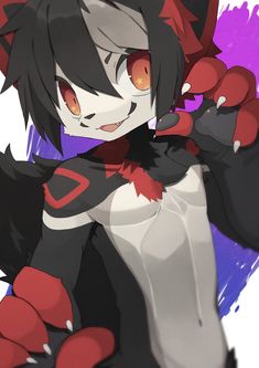 an anime character with black hair and red eyes