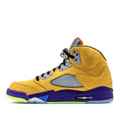 Hitting shelves in 1990, Air Jordan 5 combines the mesh side panels and a translucent sole. Taking inspiration from World War II fighter planes and Jordan’s biting style, Tinker Hatfield added “shark-teeth”  into the sneaker's design along the midsole.\n Yellow Suede Sneakers For Streetwear, Yellow Suede Sporty Sneakers, Yellow Suede High-top Sneakers, Mens Athletic Fashion, Nike Air Jordan 5, Tinker Hatfield, Jordan 5 Retro, Air Jordan 5 Retro, Air Jordan 5