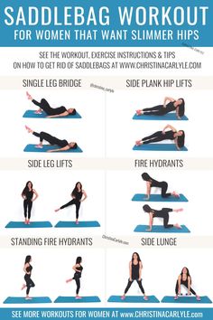 a woman doing yoga poses with the words saddlebag workout for women that want slimmer hips