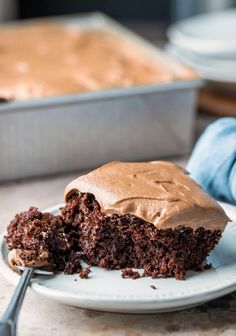 a piece of chocolate cake on a plate with a fork next to it and a pan in the background