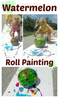 two children playing with watermelon on the ground and one child is painting it