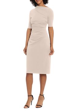 An exposed zipper and an angled collar create a modern motif for this timeless sheath cut to a versatile midi length. 44" length (size 8) Asymmetric neck Elbow-length sleeves Lined, except sleeves 96% polyester, 4% spandex Machine wash, dry flat Imported