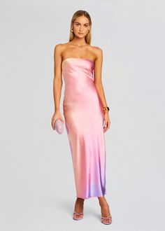 Cerith Silk Strapless Midi Dress Iridescent Midi Dress, Pink Satin Strapless Dress, Semi Formal Dresses Midi, Midi Hoco Dress, Sunset Tie Dye, Unrealistic Wishlist, Bday Outfits, Silk Formal Dress, Hoco Inspo