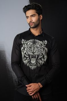 Black shirt with cutdana placement embroidery in 3D tiger face pattern. - Aza Fashions Designer Black Tops For Festive Season, Designer Black Tops For Festive Occasions, Festive Black Embroidered Shirt, Designer Embroidered Black Shirt, Designer Black Embroidered Shirt, Festive Black Cotton Shirt, 3d Tiger, Rahul Khanna, Placement Embroidery