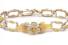 Stambolian Yellow and White Diamond Gold Enchanted Garden Bracelet 3 Formal Yellow Diamond Bracelet, Elegant Yellow Diamond Bracelet For Formal Occasions, Gold Link Bracelet, Antique Bracelets, Gold Link, Enchanted Garden, Diamonds And Gold, Diamond Gold, White Diamond