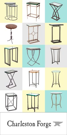 some tables and stools are shown in different colors