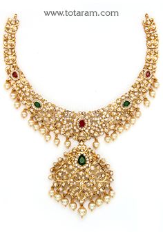 22 Karat Gold Necklace with Cz, Color Stones & Japanese Culture Pearls - 235-GN4464 - in 53.550 Grams for USD $4135.16. 
Made in India by Totaram Jewelers Online this product is in Gold - 22 Karat BIS Hallmark 916 KDM Gold  & is an excellent gift for Adult - Women. Ships fully insured with secured guaranteed delivery for free with your order over $250 from New Jersey USA & comes with 30 days exchange policy. 22k Gold Jeweled Necklace, Traditional Gold Jeweled Pearl Necklace, 22k Gold Necklace, Pendant Sets, Diamond Pendant Sets, Gold Designs, Color Stones, Gold Necklace Women, Japanese Culture