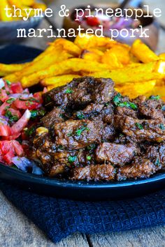 a plate full of meat and vegetables with the words thye & pineapple marinated pork