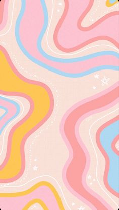 an abstract background with wavy lines and stars in pastel pink, blue, yellow and orange