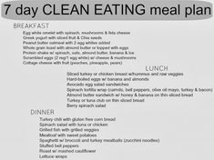 the 7 day clean eating meal plan is shown in black and white, with an image of