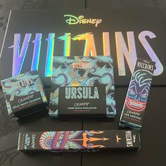 various items from the disney villain collection are displayed in front of a sign that reads, vitamins