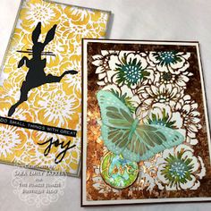 two cards, one with a butterfly and the other with flowers