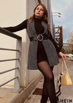 Plaid Double Breasted Lapel Collar Vest Coat | SHEIN USA Long Sleeve Dress With Vest, Vest Dress Outfit Classy, Chic Sleeveless Vest For Fall, Chic Sleeveless Winter Vest, Sleevless Coat, Outfits With Vest, Sleeveless Blazer Outfit, Coat Outfits For Women, Satin Skirt Outfit