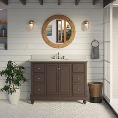 a bathroom with a sink, mirror and potted plant on the floor in front of it