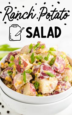 bacon ranch potato salad in a white bowl