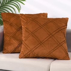 two brown pillows sitting on top of a couch