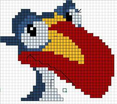 a cross stitch pattern with a cartoon character wearing a red cape and yellow beak,