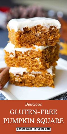 two slices of gluten - free pumpkin square cake on a plate