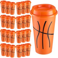 an orange plastic cup with black basketballs on it and 12 cups in each mug