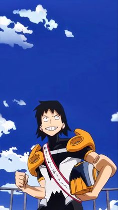 an anime character with black hair and yellow gloves standing in front of the sky, holding his hands on his hips