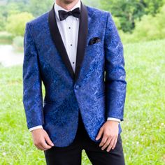 Royal Blue Paisley Slim Fit Jacket. Single Button With Black Shawl Lapel. Coat Only. Tailored Blue Outerwear For Wedding, Blue Tailored Outerwear For Wedding, Classic Blue Outerwear For Party, Classic Blue Party Outerwear, Blue Tuxedo Style Long Sleeve Blazer, Blue Notch Lapel Tuxedo Style Outerwear, Blue Tuxedo Style Formal Outerwear, Blue Business Tuxedo Outerwear, Blue Long Sleeve Tuxedo For Formal Occasions