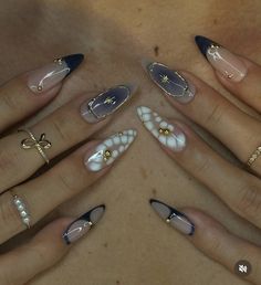 Black Silver Cat Eye Nails, Baroque Nail Art, Almond New Years Nails, Nails Gel X Almond, Fancy Almond Nails, Classy Almond Nails Ideas, Evil Eye Nail Design, 16th Birthday Nails, Blue White And Silver Nails