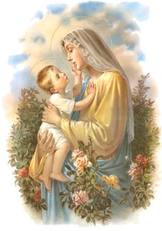 an image of the virgin mary holding a baby in her arms and surrounded by flowers