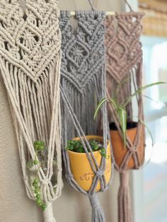 Handmade small macrame plant hanger ✨ The perfect indoor hanger for small potted succulents, air plants, or simply used for a splash of color as a cute wall decor! Available in vanilla, blush, and dove. Macrame Air Plant Hanger, Small Plant Macrame Hanger, Small Macrame Plant Hanger, Macrame Small Plant Hanger, Small Macrame Pot Hanger, Plane Hanger, Minimal Macrame Plant Hanger, Indoor Plant Hangers, Cute Wall Decor