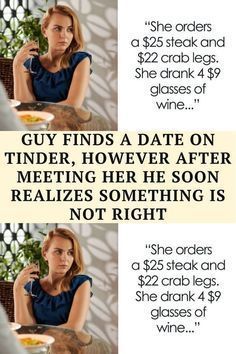 a woman sitting at a table in front of a wine glass with the caption guy finds a date on tinder, however he