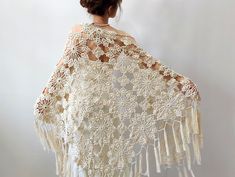 Bone Colored Shawl, Cream Wrap, Evening Cover Up, Cotton Summer Scarf, Bridal Wedding Shawl, Fringed, Boho, Gift for Her, Lacy, Crochet - Etsy Cream Pashmina Shawl For Wedding, Crochet Lace Shawl For Wedding, Wedding Lace Shawl With Lace Trim, Bohemian White Wraps For Wedding, Bohemian Lace Shawl In Cream Color, Bohemian Lace Shawl In Cream, Bohemian Cream Shawl Wrap, Bohemian Cream Lace Shawl, Elegant Fringed Shawl For Wedding