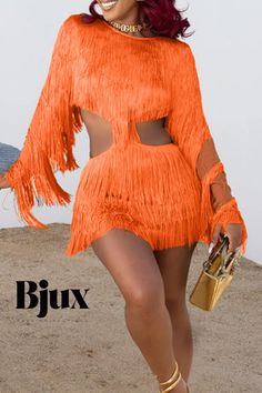 Bjux - Elegant Solid Backless O Neck Long Sleeve Dress with Intricate Tassel and Patchwork Details Spring Club Mini Dress With Fringe, Spring Fringe Mini Dress For Club, Orange Bohemian Mini Dress For Party, Bohemian Orange Mini Dress For Party, Valentines Lingerie, Two Piece Jumpsuit, Vintage Summer Dresses, Long Sleeve Dresses, Lace Dress Long