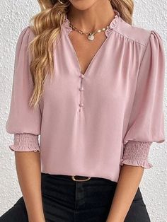 Chic Fitted Top Blouse At Cheap Price, Feminine Solid Color Blouse With Button Closure, Feminine Solid Blouse With Button Closure, Feminine Blouse With Button Closure For Brunch, Plus Size Summer Casual, Half Sleeve Blouse, Sabo Skirt, Puff Sleeve Blouse