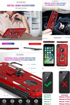 the red case is attached to an iphone 6s, and features metal ring kickstand