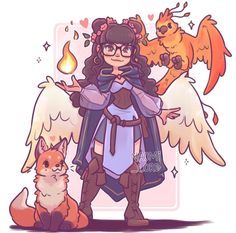 a woman with glasses and an angel outfit standing next to a fox, cat and bird