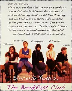 an advertisement for breakfast club featuring four people sitting on chairs and the caption is written in pink