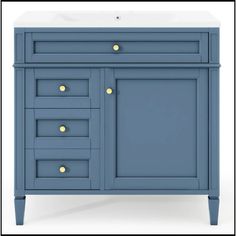 an image of a blue vanity with gold knobs on the doors and drawer drawers