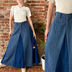 "Vintage 1970s denim & corduroy A-line maxi skirt - Talon zipper fly, floral appliqué, coin pockets - Skirt made from reworked bell bottom trousers - Material feels like 100% Cotton denim and corduroy - Hand tailored, one of a kind, no tag - Good condition, a few small holes front centre bottom, small fray spot on corner of right coin pocket - pictured - Fits best size Small, 27\" waist Measurements are done with garment laying flat and are not doubled. Please refer to measurements to ensure pro Bell Bottom Trousers, Tailored Skirt, Corduroy Skirt, Vintage Coat, Bell Bottom, Floral Applique, Skirts With Pockets, Sewing Ideas, Vintage 1970s